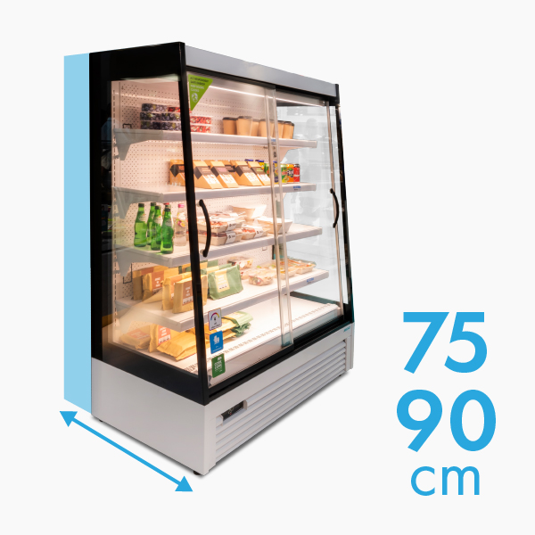 Dimens&otilde;es dos expositores alimentares: 75 cm e 90 cm