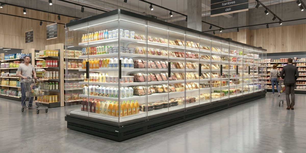 Linha cont&iacute;nua de murais refrigerados FUTURO 2 em supermercado